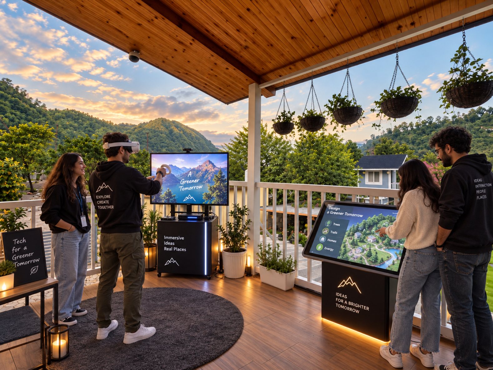 Visitors trying a VR headset and an interactive touchscreen installation