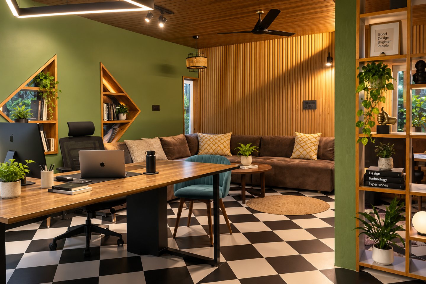 A sunlit studio with desks, lounge seating and space to work together
