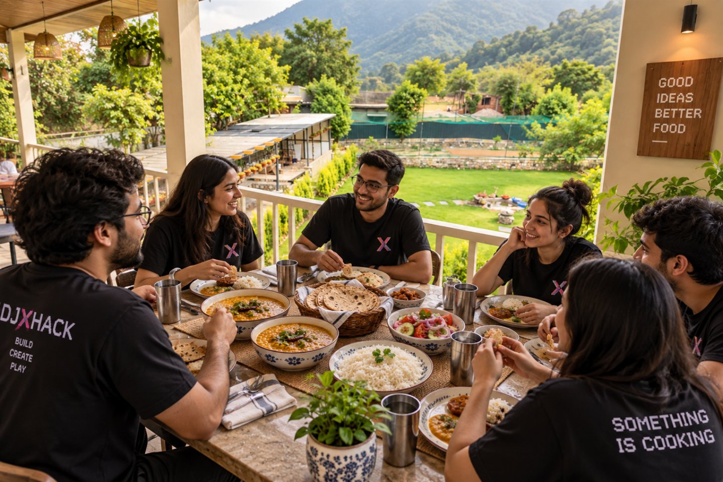 Creators sharing a meal overlooking the green hills